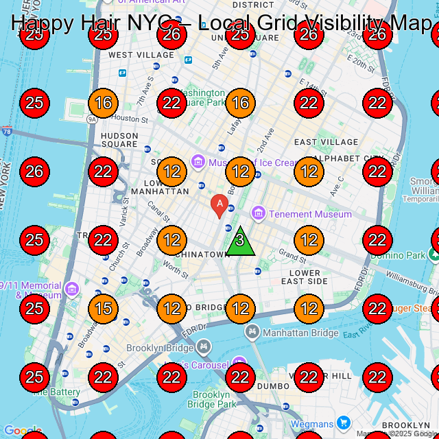 Happy Hair NYC GeoGrid visibility map for Hair Salon in New York